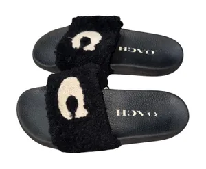 Coach Shearling‎ Slide Sandals Womens 8 Black Good Faux Fur Logo Slippers thumbnail 1