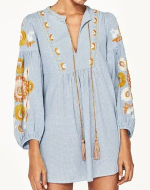 Zara gingham Plaid Embroidered Mini Dress Floral Balloon Sleeves Sz Small thumbnail 1