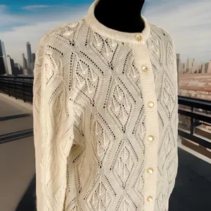 Wintuk Vintage 60s Off White Dupont Acrylic Diamond Knit Cardigan Sz S‎ ? thumbnail 2