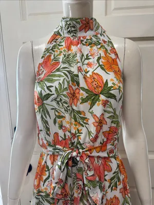 Petal&Pup Floral Halter Maxi Dress in White with Orange & Green Size 4 thumbnail 4