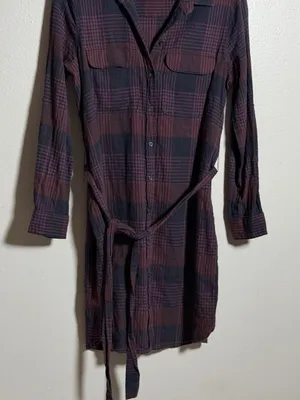 Loft‎ Women Purple/Black Plaid Long Sleeve Button Up Dress Belt size M Petite thumbnail 4