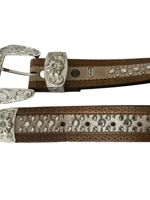 90s Vtg ARIAT belt brown embroidered leather silver floral buckle & rhinestones thumbnail 8