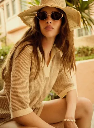 Prómesa NWT Days of Joy Striped Short-Sleeve Polo Sweater size L in Cream & Sand thumbnail 1