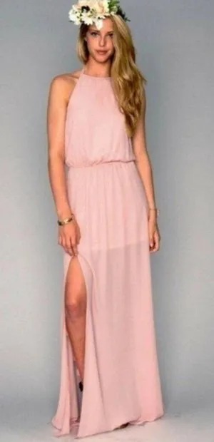 Show Me Your Mumu SMYM Heather halter maxi dress in Frosty Pink Chiffon NEW MED thumbnail 1