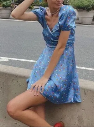 Zara Satin Blue Floral Short Puff-Sleeve Mini Dress thumbnail 1