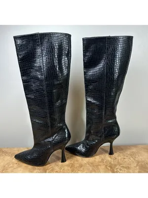Stuart Weitzman Parton Black Croc Embossed Leather Knee High Boots Heels Size 5 thumbnail 5