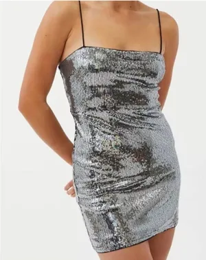 Urban Outfitters Silver Sequins Mini Dress Bodycon Spaghetti Strap Sz M NWT thumbnail 1