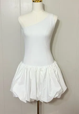 COMMENSE One Shoulder Ribbed Bodice Bubble Mini Dress White Size S NWT thumbnail 1