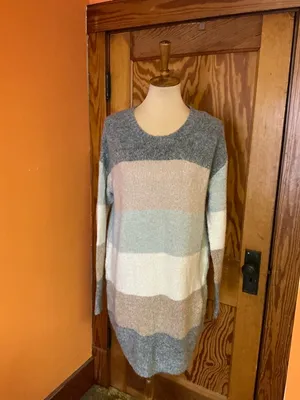 Entro Colorblock Sweater Dress Medium Soft Knit Cozy Neutral Striped Long Sleeve thumbnail 6