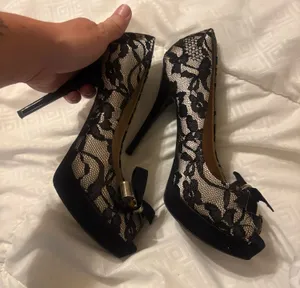 Guess Peep Toe Pumps black lace white satin 4 inch stiletto thumbnail 1