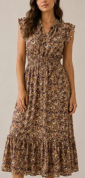 Anthropologie Othilia Aleksia Floral Boho Mustard Purple Ruffle Cottagecore Maxi Dress thumbnail 1