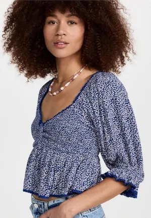 Free People Brittnee Print Smocked‎ Peplum Crop Top Blue Combo Size Small thumbnail 1