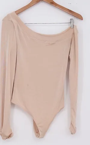 Free People Bodysuit Womens M One Shoulder Beige Ribbed Long Sleeve Good thumbnail 1