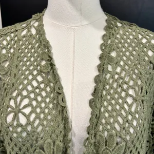 WoWo Boho Crochet Daisy Flower Open Weave Knit Top Hippie Green Size L Festival thumbnail 2