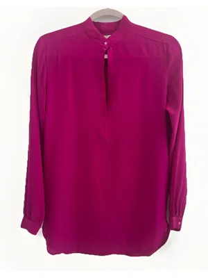 ⁠Vintage 80s 90s Magenta 100% Silk Blouse Mandarin Split Neck M⁠EDIUM NEW thumbnail 1