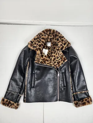 Black Faux Leather Moto Jacket with Leopard Faux Fur Accent thumbnail 3