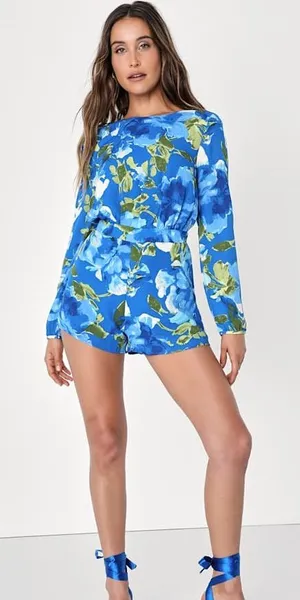 Lulu’s Floral Open Back Romper Blue Long Sleeve Size Medium thumbnail 1