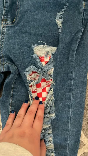 Ripped Jeans with Checkered pattern Blue Size L thumbnail 1