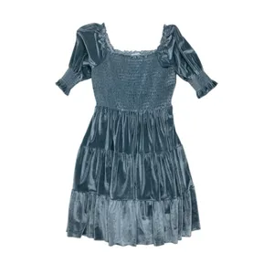 Baltic Born size large mini new velvet Smocked Square-Neck Dress Steel Blue thumbnail 2