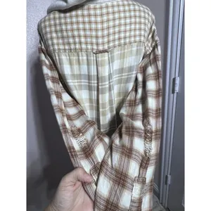 American Eagle Cropped Hooded Farmcore Plaid Brown Tan Flannel Shirt Size L thumbnail 5