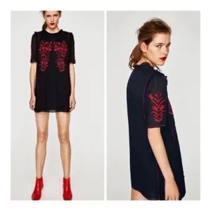Zara Embroidered Dress Floral Ruffle Trim Black Red Short Sleeve Size‎ XS thumbnail 2
