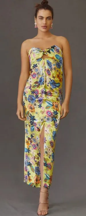 Anthropologie Strapless Midi Dress Floral Silk Blend Yellow Wedding Guest Small thumbnail 1