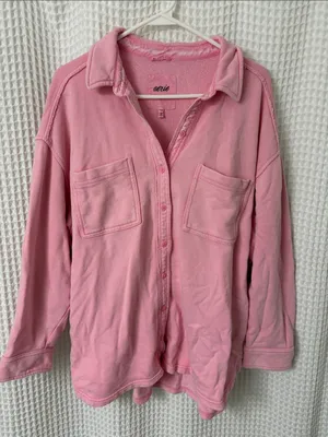 Aerie Lumber Jane Oversized Pink French Terry Shirt Button Down Womens Medium thumbnail 1
