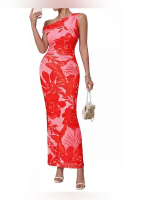 PRETTYGARDEN Red Floral One-Shoulder Maxi Dress thumbnail 2