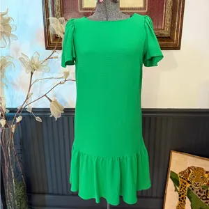 DKNY Kelly Green Drop Waist Flutter Sleeve Ruffle Hem Dress Size 2 💚🍄 thumbnail 3