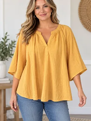 Wonderly Women’s Large Mustard Yellow Gauze Peasant Blouse Boho Split Neck Top thumbnail 1