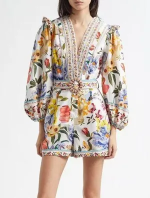 NWOT Farm Rio Greek Garden Long Sleeve Plunge Neck Cotton Romper Size XS thumbnail 1