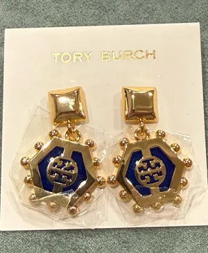 Tory Burch | Gold-Plated Logo Earrings with Navy Enamel & Gold Pearl Accents thumbnail 1