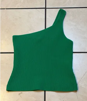 Babaton Sculpt Knit One-Shoulder Top Large Green Ribbed Sleeveless Tank thumbnail 1