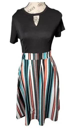Yathon Womens Black and Striped Flared A-Line Swing Dress Size Medium thumbnail 1