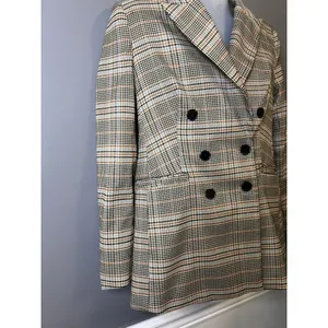Marled Blazer Womens S Beige Plaid Double Breasted Lined Notch Lapel Jacket thumbnail 3