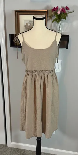 Commense Khaki Tan Cotton Linen Ruffle Waist Tie Strap Midi Dress Large NEW thumbnail 1