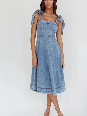 Selfie Leslie Jeanie Bow Shoulder Midi Dress Wash Denim Blue thumbnail 5
