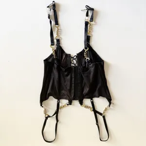 Vintage Womens Black Satin Chain Link Garter Belt Bondage Rave Goth Punk Corset thumbnail 7