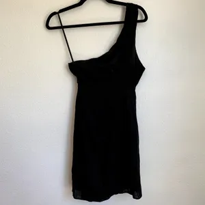 Here Comes the Sun One Shoulder Linen Blend Mini Dress in Black thumbnail 2