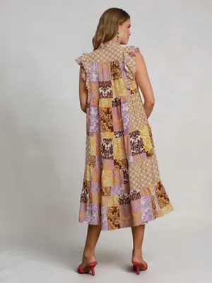 UMGEE Scarf Print Midi Shift Dress, Large, Ruffle Sleeves Boho Cottagecore thumbnail 3