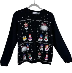 BP‎ Design Vintage Black Full Zip Snowman Snowflake Christmas Sweater Cardigan L thumbnail 1
