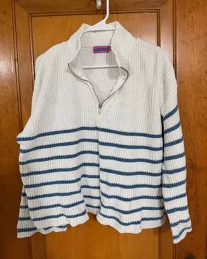 White and blue striped Edikted quarter zip sweater thumbnail 1