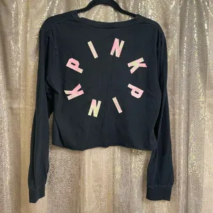 PINK Victorias Secret Black Pink Logo Cropped Long Sleeve Top, M thumbnail 2