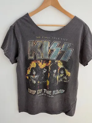 KISS End of the Road World Tour Distressed Off-the-Shoulder Graphic T-Shirt thumbnail 1