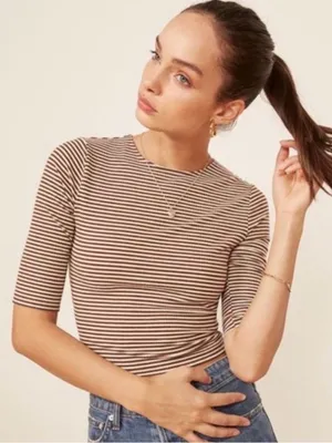 REFORMATION Cameron Crop Top Striped Fitted Elbow Sleeve Baby Tee Brown White XS thumbnail 8