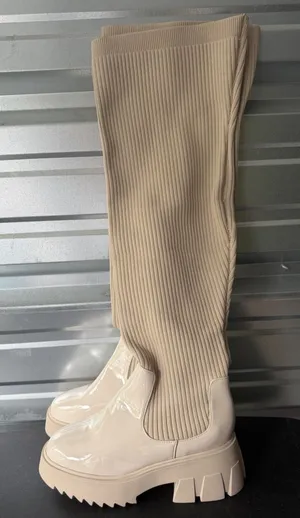 Fashion To Figure Knee High Oatmilk Sock Boots Chunky Sz 9W Platform‎ B-1 thumbnail 1