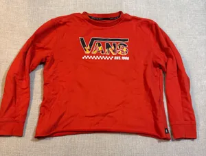 Vans Off The Wall Red Flame Logo Sweatshirt XL‎ Pullover Graphic Cropped Raw Hem thumbnail 1