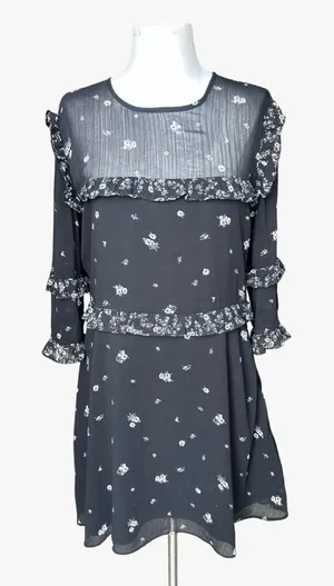 Abercrombie & Fitch Ditsy Floral Ruffle Chiffon Mini Dress Sheer Sleeves Boho L thumbnail 1