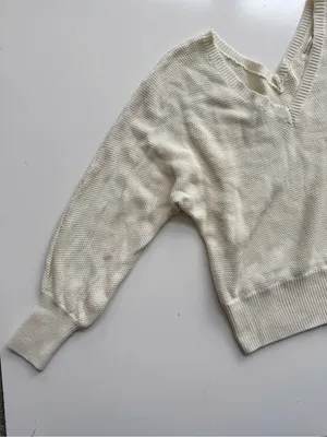 Anthropologie Cream V-neck Waffle Knit Cotton Oversized Pullover Sweater Small thumbnail 2