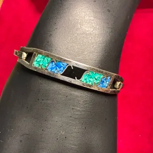 Vintage Mexican Alpaca Silver Hinged Bangle with Turquoise & Lapis Inlay 5 3/4” thumbnail 1